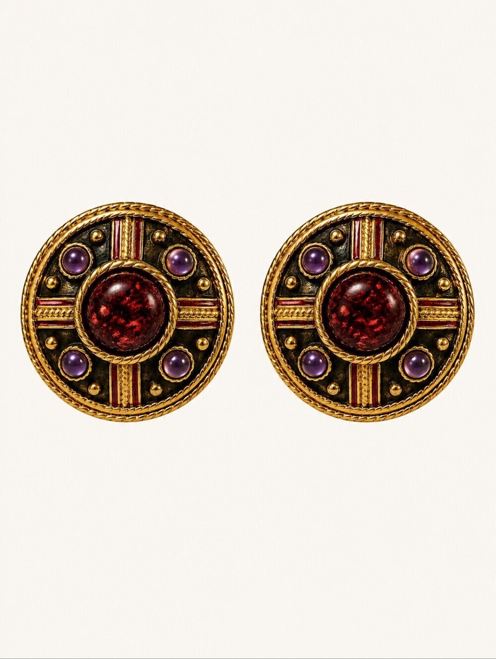 VTG Estate Medieval Byzatine Castlecore Enamel Shield Clip-on Earrings